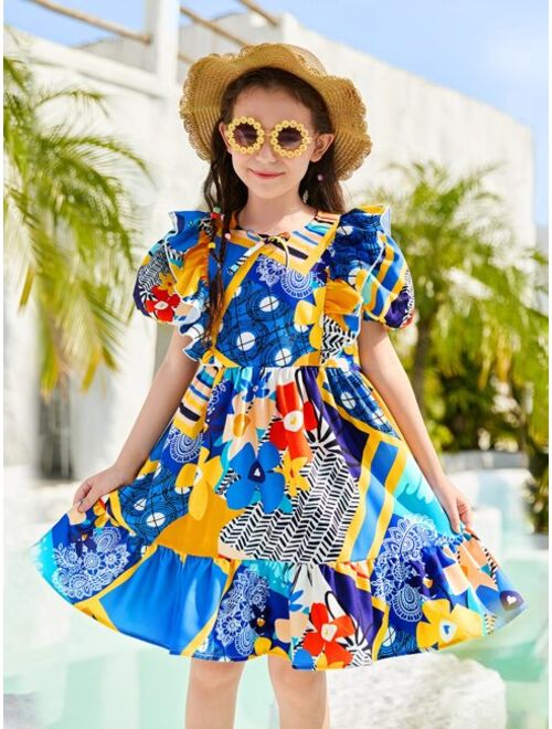 SHEIN Girls Floral Patchwork Print Ruffle Trim Puff Sleeve Dress