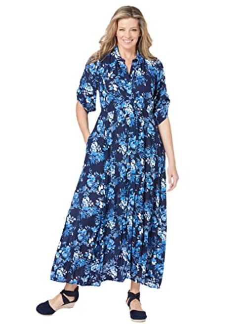 Woman Within Women's Plus Size Petite Roll-Tab Sleeve Crinkle Shirtdress
