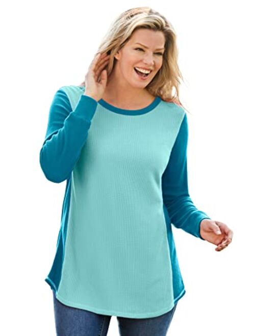 Woman Within Women's Plus Size Colorblock Scoopneck Thermal Waffle Sweatshirt