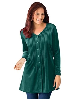 Women's Plus Size Knit Velour Tunic Shirt In A Comfortable A-Line With Pintucks