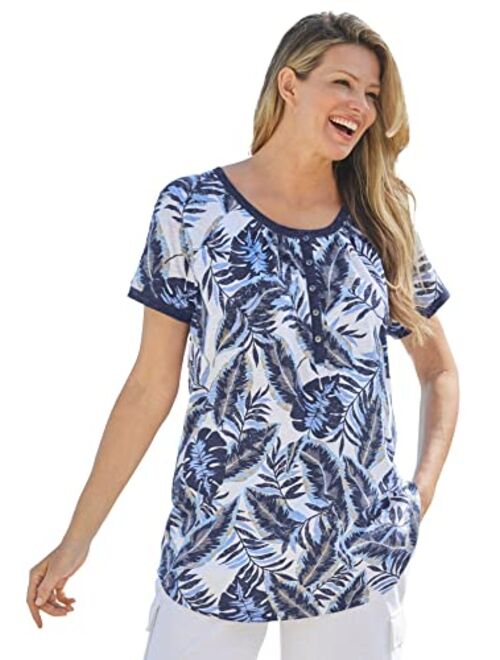 Woman Within Women's Plus Size Banana Leaf Print Henley Shirt in Soft Knit