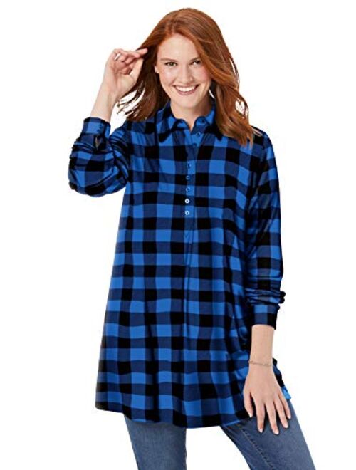 Woman Within Women's Plus Size Plaid Knit Tunic With Collar
