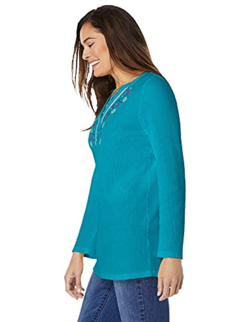 Woman Within Women's Plus Size Embroidered Thermal Waffle Henley Tee Long Underwear Top