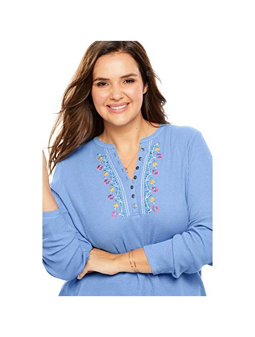Woman Within Women's Plus Size Embroidered Thermal Waffle Henley Tee Long Underwear Top