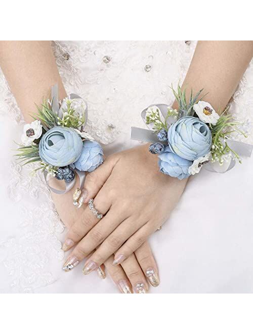 Campsis Wedding Bride Handmade Flower Wrist Corsage Blue Artificial Leave Wristlet Bridal Bridesmaid Hand Flower Prom Party Beach Photography 2PCS