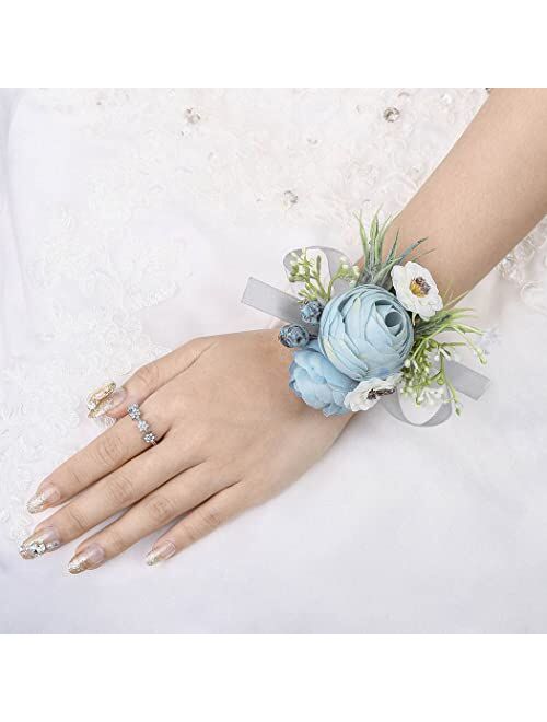 Campsis Wedding Bride Handmade Flower Wrist Corsage Blue Artificial Leave Wristlet Bridal Bridesmaid Hand Flower Prom Party Beach Photography 2PCS