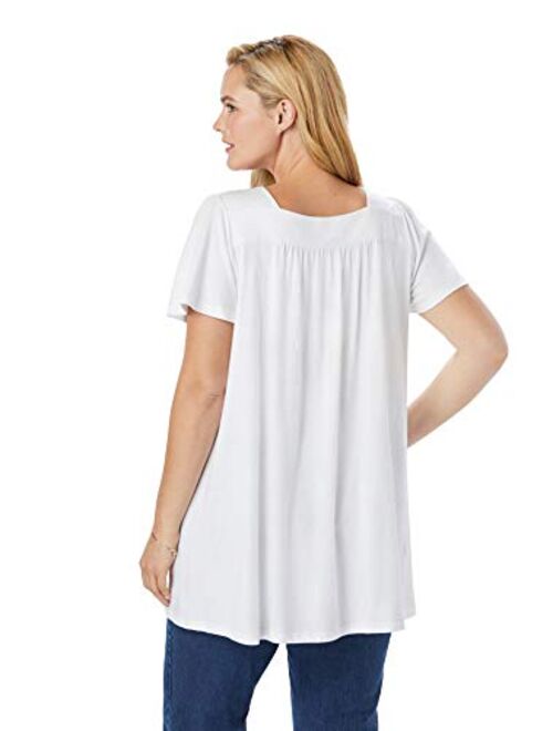 Woman Within Women's Plus Size Embroidered Square Neck Tunic