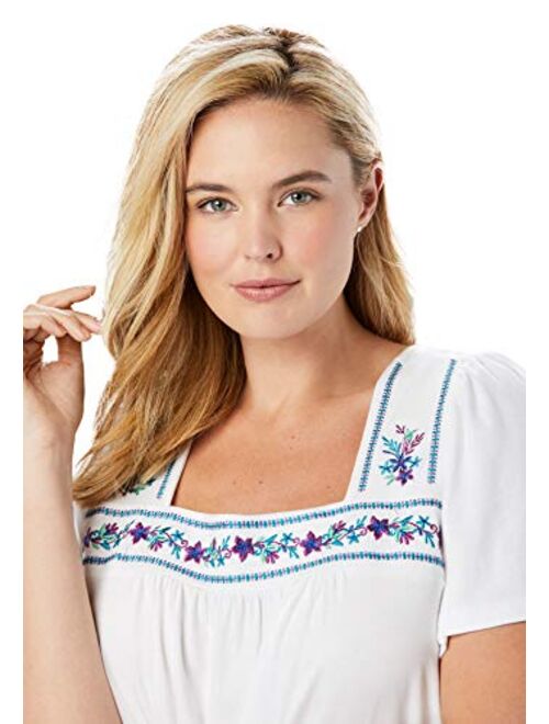 Woman Within Women's Plus Size Embroidered Square Neck Tunic