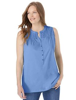 Women's Plus Size Smocked Henley Tank Top