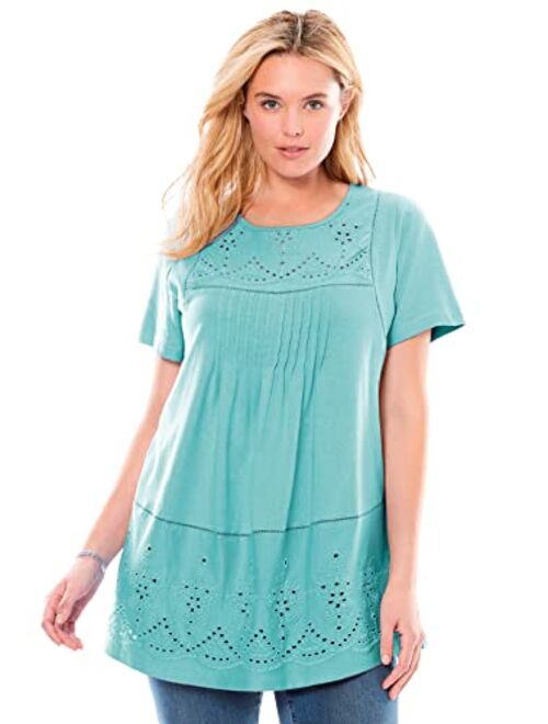 Woman Within Women's Plus Size Embroidered Eyelet Pintucked Tunic