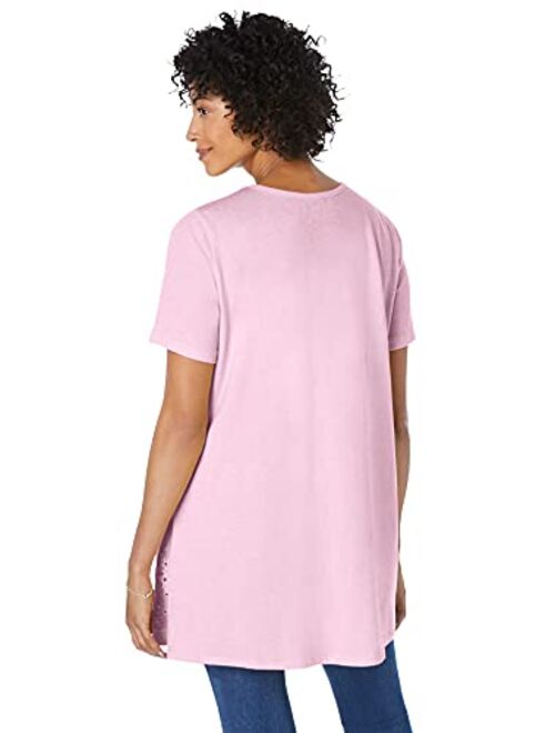 Woman Within Women's Plus Size Embroidered Eyelet Pintucked Tunic