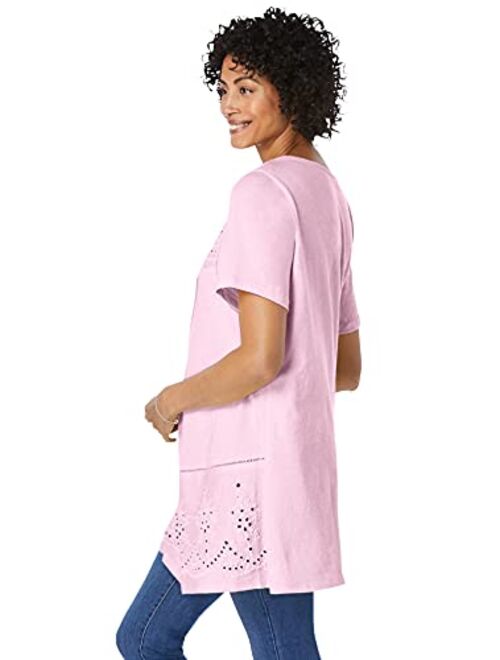 Woman Within Women's Plus Size Embroidered Eyelet Pintucked Tunic