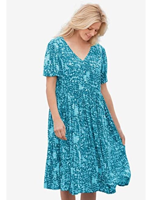 Woman Within Women's Plus Size Woven Button Front Crinkle Dress