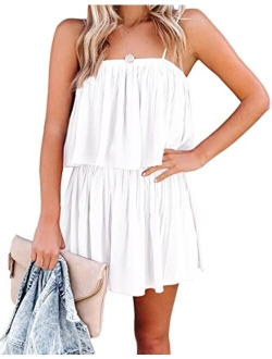 Women's Summer Short Rompers Spaghetti Strap Elastic Waist Square Neck Ruffle Casual Flowy Jumpsuits