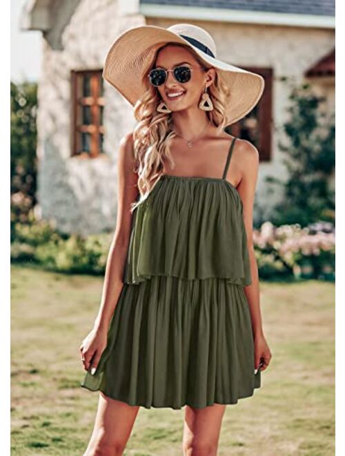 PRETTYGARDEN Women's Summer Short Rompers Spaghetti Strap Elastic Waist Square Neck Ruffle Casual Flowy Jumpsuits