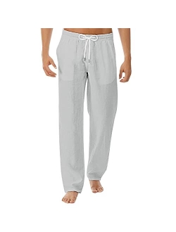 Percle Men's Casual Long Pants Linen Pants - Loose Lightweight Casual Trousers Summer Yoga Beach Trousers