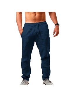 Percle Men's Casual Long Pants Linen Pants - Loose Lightweight Casual Trousers Summer Yoga Beach Trousers
