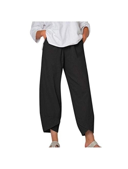 Generic Capri Pants for Women Cotton Linen Wide Leg Capris Womens Summer Cropped Pants Beach Elastic Waist Baggy Crop Trousers