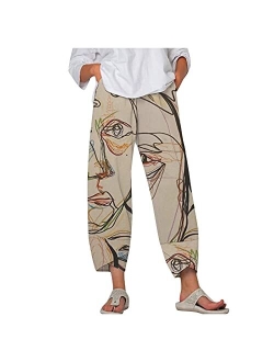 Generic Capri Pants for Women Cotton Linen Wide Leg Capris Womens Summer Cropped Pants Beach Elastic Waist Baggy Crop Trousers