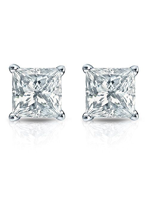 1/3 Carat Princess Cut Diamond Stud Earrings in 14k White or Yellow Gold (I2-I3, cttw) 4-Prong Basket Screw Back by Diamond Wish