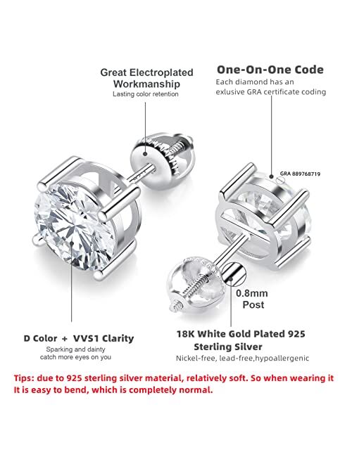 Dolphinlove Diamond Earrings for Women Men Gifts for Wife Mom Girlfriend Moissanite Stud Earrings 1ct-4ct 18K White Gold Plated 925 Sterling Silver Studs with Screw Ear B