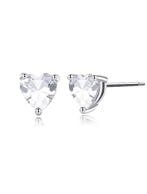 Qoolnear Sterling Silver Stud Earrings,Created Gemstone Heart Stud EarringsBirthstone Stud Earrings,Red/Diamond/Emerald/Tourmaline/Amethyst/Aquamarine Earrings for Women 