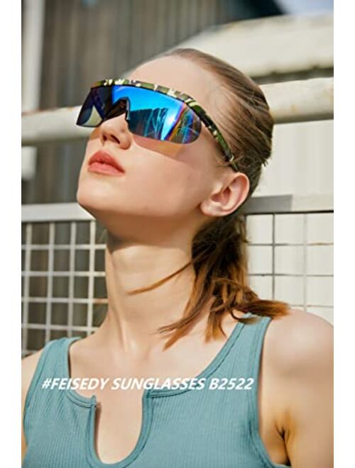 FEISEDY Oversized Mirror Shield Sport 80s Sunglasses Ski Goggles Flat Top One Piece Futuristic Visor Women Men B2522