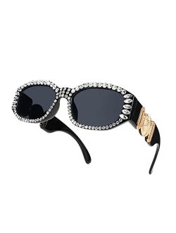 Chunky Rectangle 90s Sunglasses Men Women Crystal Sunglasses UV400 Sparkling Fahion Temple B2880