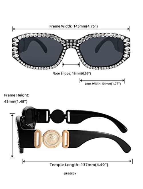 FEISEDY Chunky Rectangle 90s Sunglasses Men Women Crystal Sunglasses UV400 Sparkling Fahion Temple B2880
