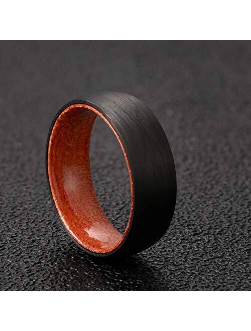 POYA Metal Poya Tungsten POYA Wedding Band for Men Women Black Carbon Fiber Ring with Rosewood Interior