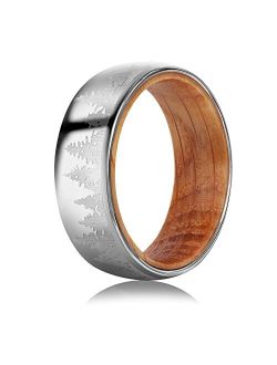POYA TUNGSTEN Forest Rings for Men 8 mm Black Plated Wedding Band with Wood Liner Comfort Fit