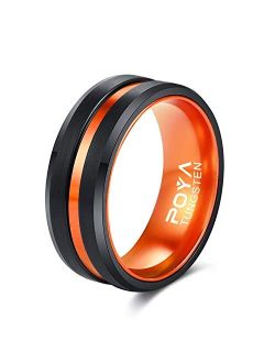 POYA Tungsten Ring Mens 8mm Black Plated Wedding Band Beveled Edges with Colored Aluminum Liner Interior