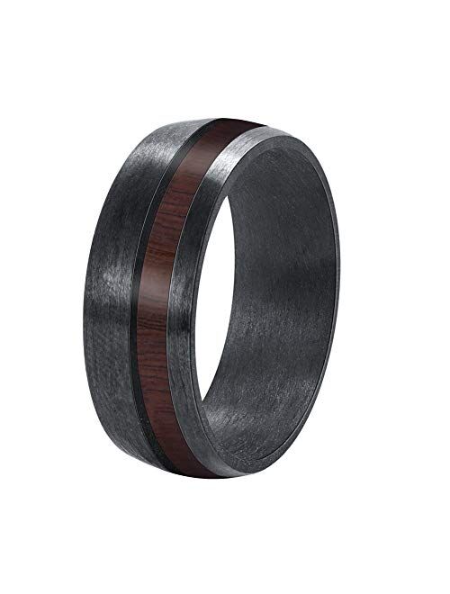 JEWPER 8mm Pure Black Carbon Fiber Ring Domed Wedding Band Rosewood Interior Comfort Fit