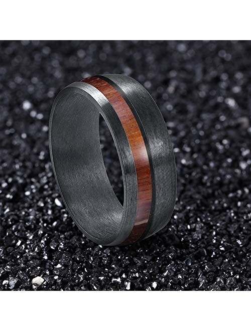 JEWPER 8mm Pure Black Carbon Fiber Ring Domed Wedding Band Rosewood Interior Comfort Fit