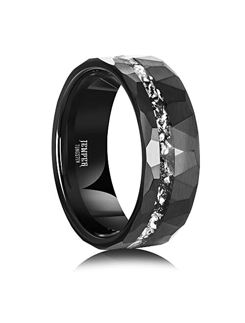 JEWPER Tungsten Rings for Men Womens 8mm Black Fashion Promise Wedding Band Hammered Groove Meteorite Orbo Carbide Beveled Polished Edge Comfort Fit