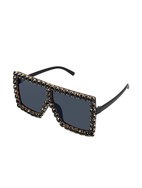 FEISEDY Oversized Sparkling Crystal Sunglasses Disco Diamond Flat Top Fashion Square Large Shades B2782