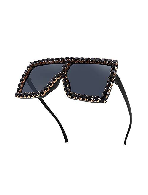 FEISEDY Oversized Sparkling Crystal Sunglasses Disco Diamond Flat Top Fashion Square Large Shades B2782