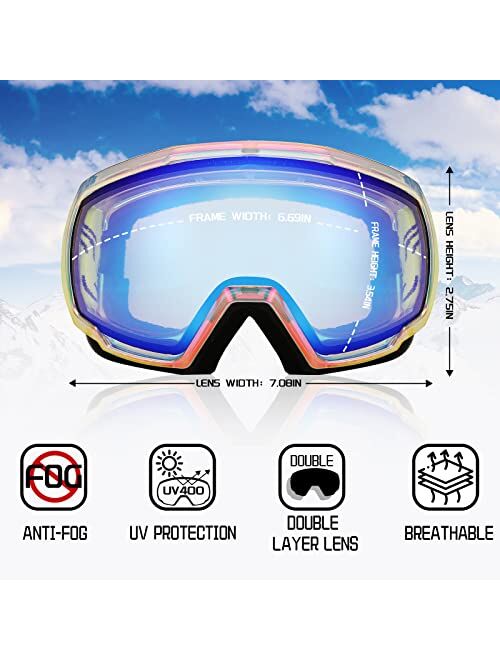 FEISEDY Ski Goggles OTG - Over Glasses Ski/Snowboard/Snowmobile Goggles for Men Women & Youth - 100% UV Protection B2960