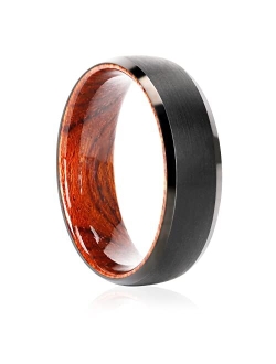 JEWPER Tungsten Rings for Men Womens 8mm Black Silver Fashion Promise Wedding Band Carbide Inner Hole Inlaid Whiskey Barrel Wood Chamfer Frosted Matte Finish Edge Comfort