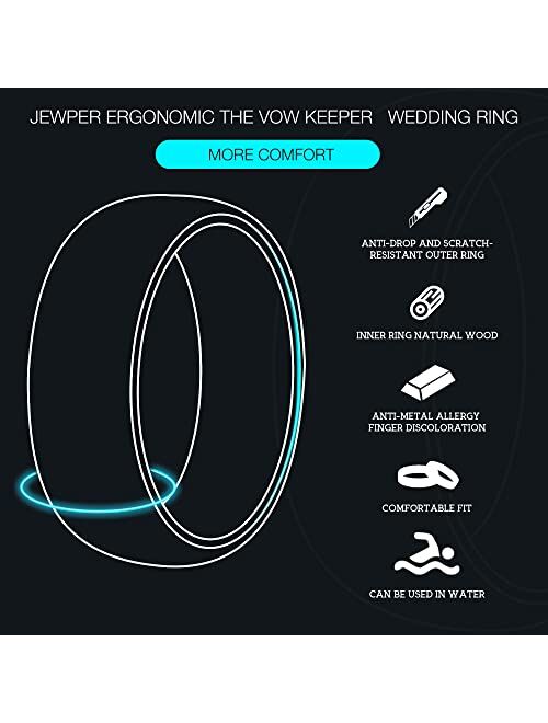 JEWPER Tungsten Rings for Men Womens 8mm Black Silver Fashion Promise Wedding Band Carbide Inner Hole Inlaid Whiskey Barrel Wood Chamfer Frosted Matte Finish Edge Comfort