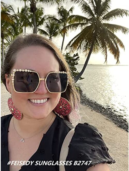 FEISEDY Women Oversized Square Sunglasses Pearl Design Ladies 2021 New Luxury Fashion Big Shades B2747