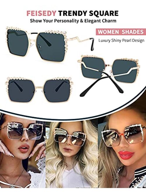 FEISEDY Women Oversized Square Sunglasses Pearl Design Ladies 2021 New Luxury Fashion Big Shades B2747