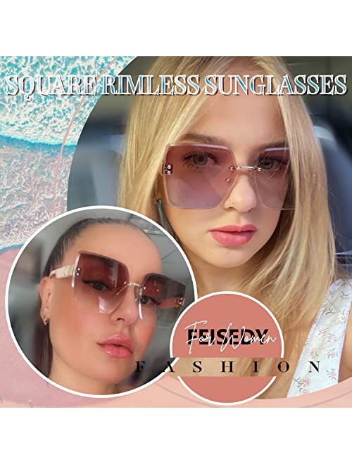 FEISEDY Trendy Square Rimless Sunglasses for Women Oversized Designer Style UV Protection Fashion Rectangle Glasses B9064