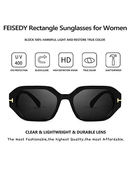 FEISEDY Retro Rectangle Sunglasses for Women Men Vintage Trendy Chunky Sun Glasses with Metal T-sign B2912