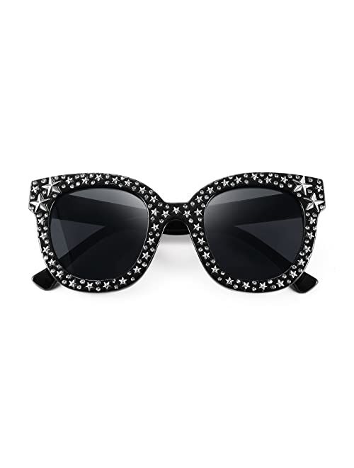 FEISEDY Women Vintage Cateye Crystal Rhinestone Star Sunglasses Novelty Glitter Shades B4068