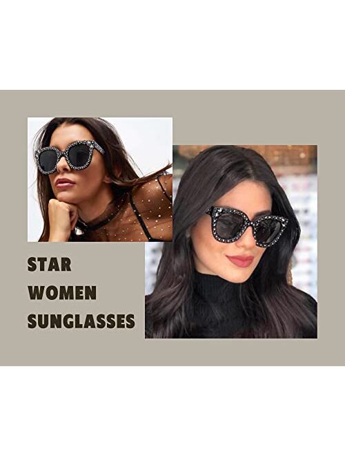 FEISEDY Women Vintage Cateye Crystal Rhinestone Star Sunglasses Novelty Glitter Shades B4068