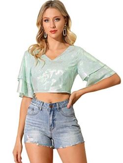 Women's Sequin Layered Ruffle Sleeve Blouse Party Metallic Shiny Tie Back V Neck Crop Top