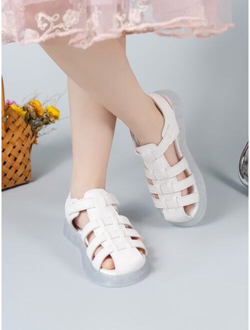 Shein Girls Anti-slip Hook-and-loop Fastener Flat Sandals, Fashionable White Gladiator Sandals For Outdoor