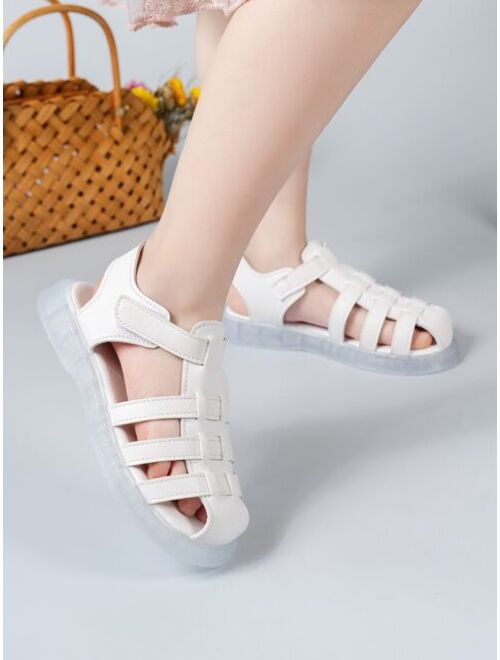 Shein Girls Anti-slip Hook-and-loop Fastener Flat Sandals, Fashionable White Gladiator Sandals For Outdoor