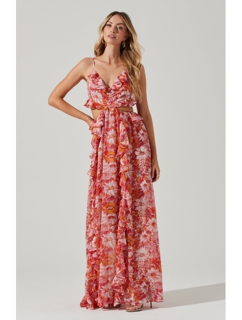 ASTR the label Women's Floral Print Cut-Out Ruffled Sleeveless Maxi Dress